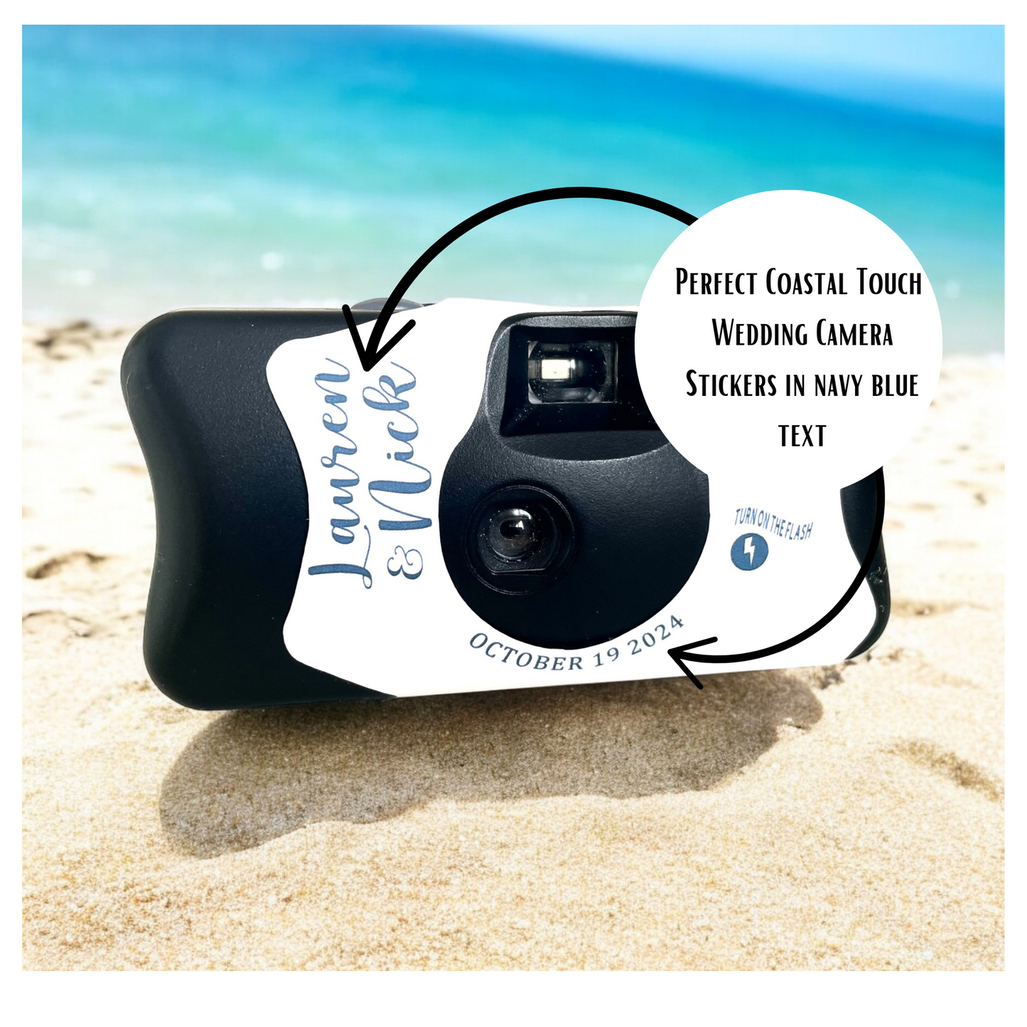 Navy Blue Waves Disposable Camera Stickers for Beach Weddings