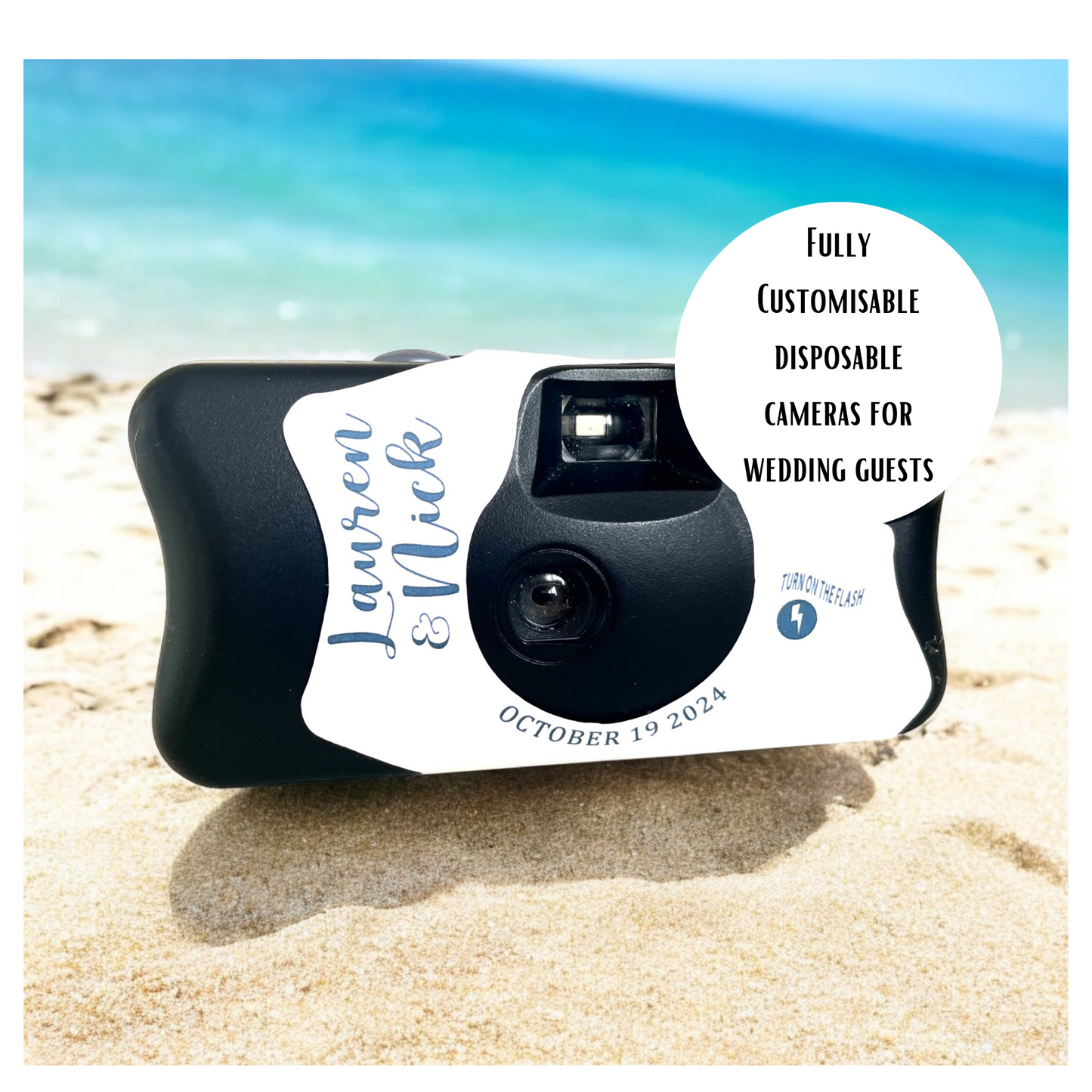 Navy Blue Waves Disposable Camera Stickers for Beach Weddings