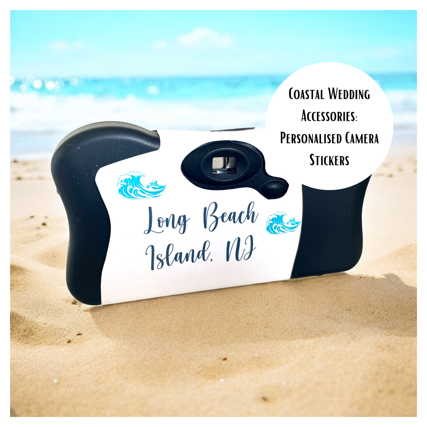 Navy Blue Waves Disposable Camera Stickers for Beach Weddings