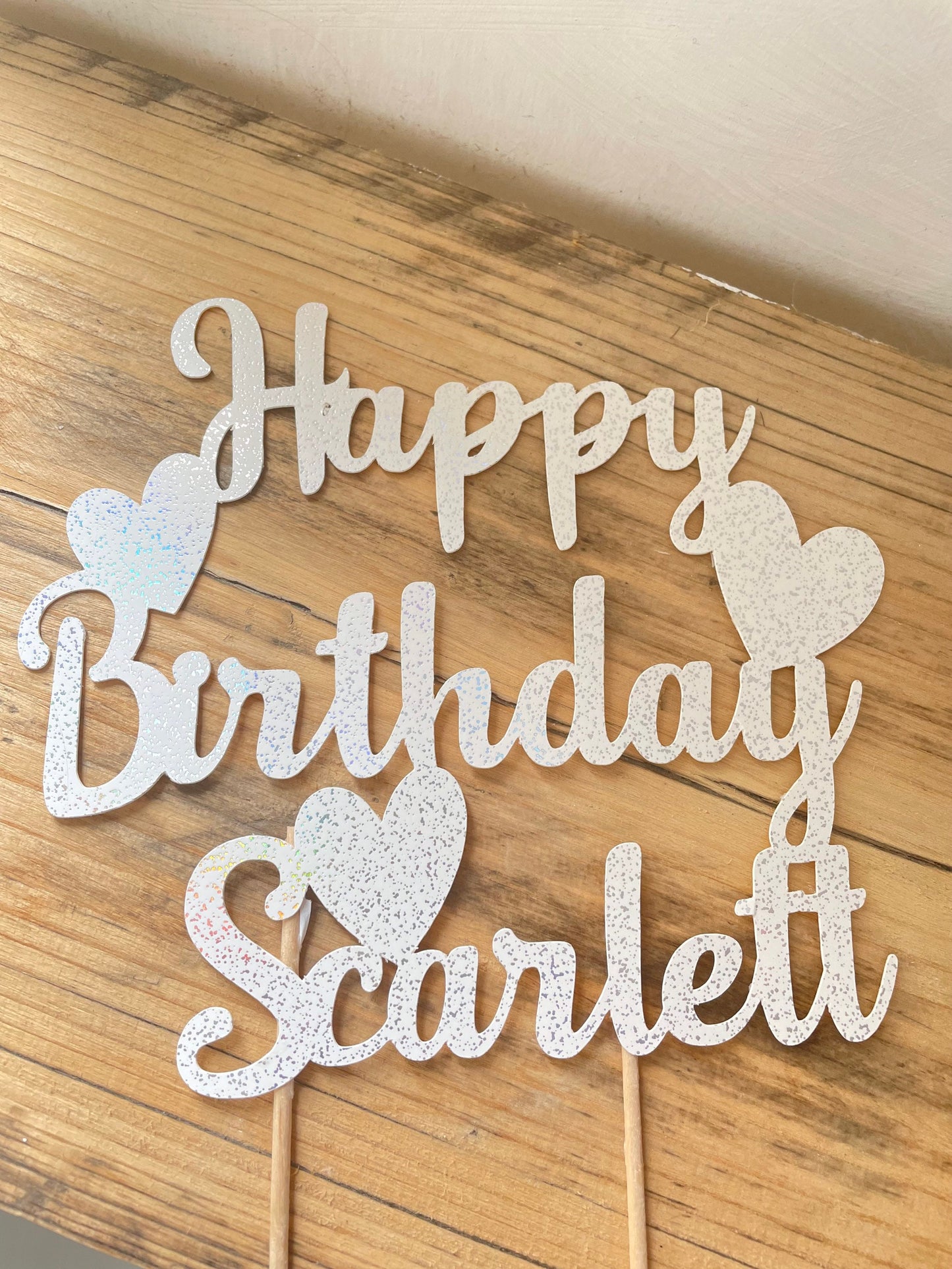 Personalised Happy Birthday Large Cake Topper for Daughter with Hearts, White Holographic Glitter Birthday Cake Decor Gift for Teenager