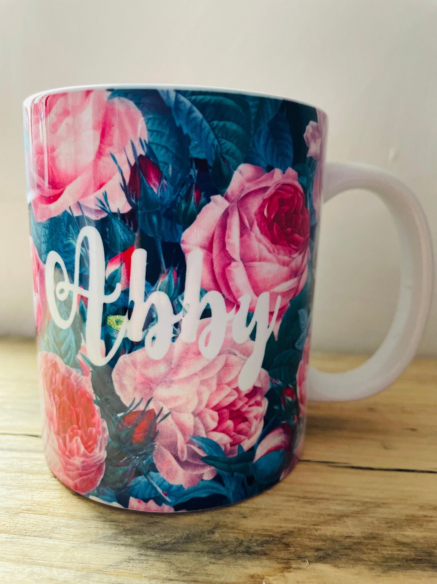 Personalised English Rose Tea or Coffee Mug, Botanical Decor Gift for Coffee Lover, Custom Printed Rose Cup with Name, Dishwasher Safe Mug