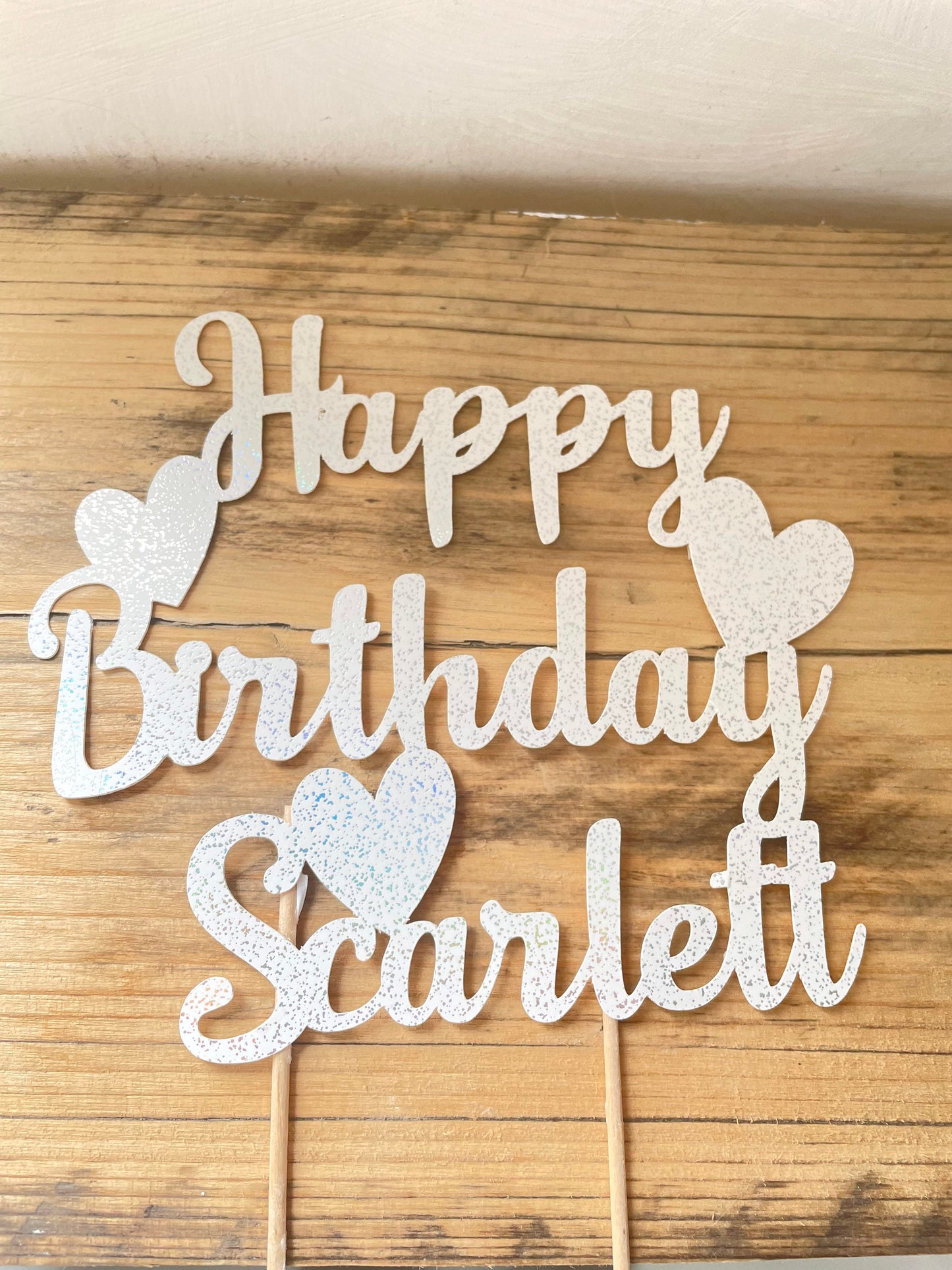 Personalised Happy Birthday Large Cake Topper for Daughter with Hearts, White Holographic Glitter Birthday Cake Decor Gift for Teenager