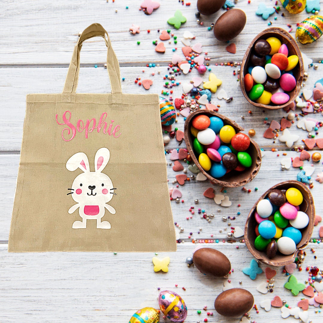 Personalised Easter Egg Hunt Bag, Children's Custom Easter Bunny Bag, Custom Cotton Kids Easter Party Bag Supply UK, Lightweight Cotton Bag