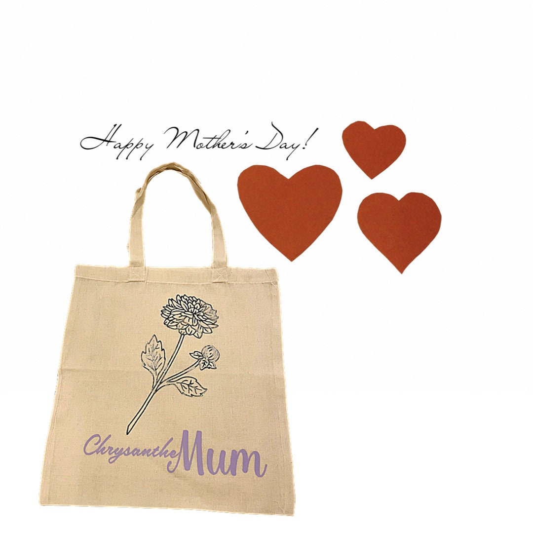 Mother’s Day Tote Bag with ChrysantheMUM Detailing, elegant Lightweight Cotton Shopper with Flower, Perfect for Mum’s and Mom’s Birthdays