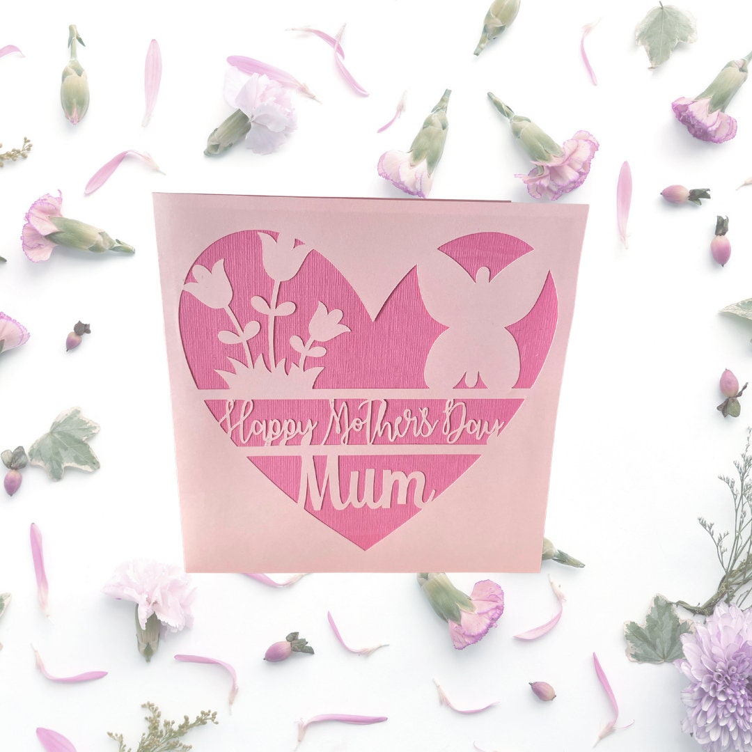 Happy Mother’s Day Card, Flowers + Butterfly Layered Greetings Card, Beautiful Cut-Out Mothering Sunday Card for Mom plus Handmade Envelope