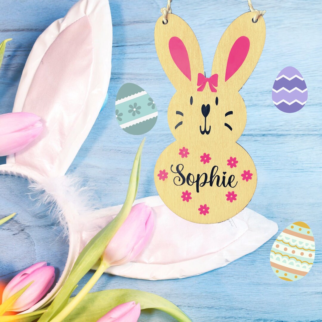 Wooden Easter Bunny Tags, Personalised Easter Egg Hunt Decor, Custom Rabbit Ears Gifts for Children, Hoppy Easter, Spring Kids Treat Bags