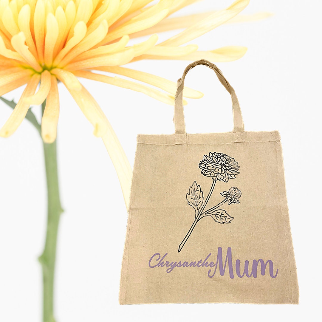 Mother’s Day Tote Bag with ChrysantheMUM Detailing, elegant Lightweight Cotton Shopper with Flower, Perfect for Mum’s and Mom’s Birthdays