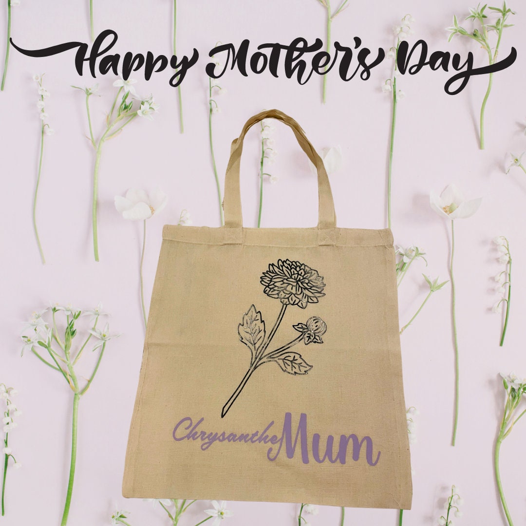 Mother’s Day Tote Bag with ChrysantheMUM Detailing, elegant Lightweight Cotton Shopper with Flower, Perfect for Mum’s and Mom’s Birthdays
