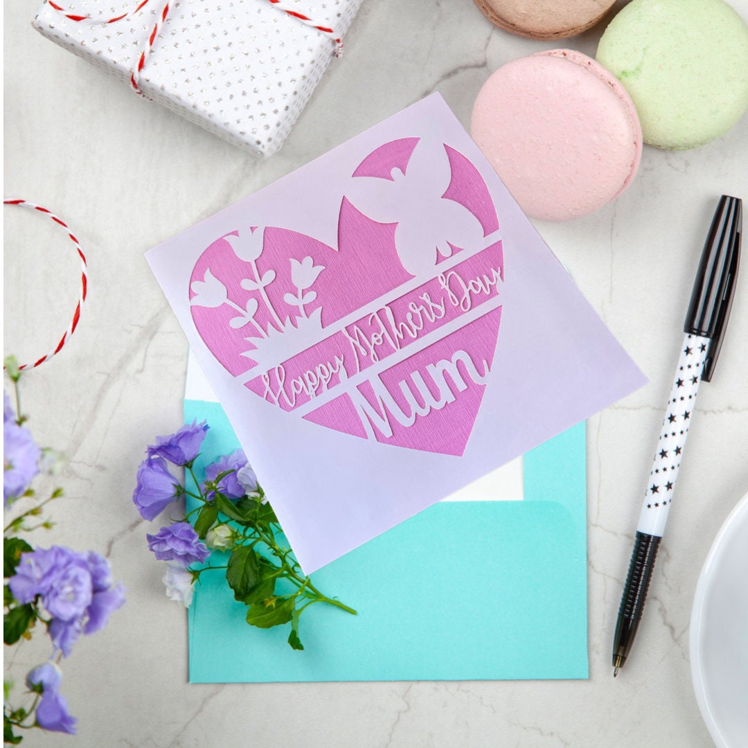 Happy Mother’s Day Card, Flowers + Butterfly Layered Greetings Card, Beautiful Cut-Out Mothering Sunday Card for Mom plus Handmade Envelope