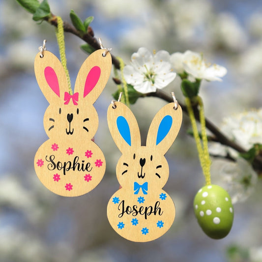 Wooden Easter Bunny Tags, Personalised Easter Egg Hunt Decor, Custom Rabbit Ears Gifts for Children, Hoppy Easter, Spring Kids Treat Bags