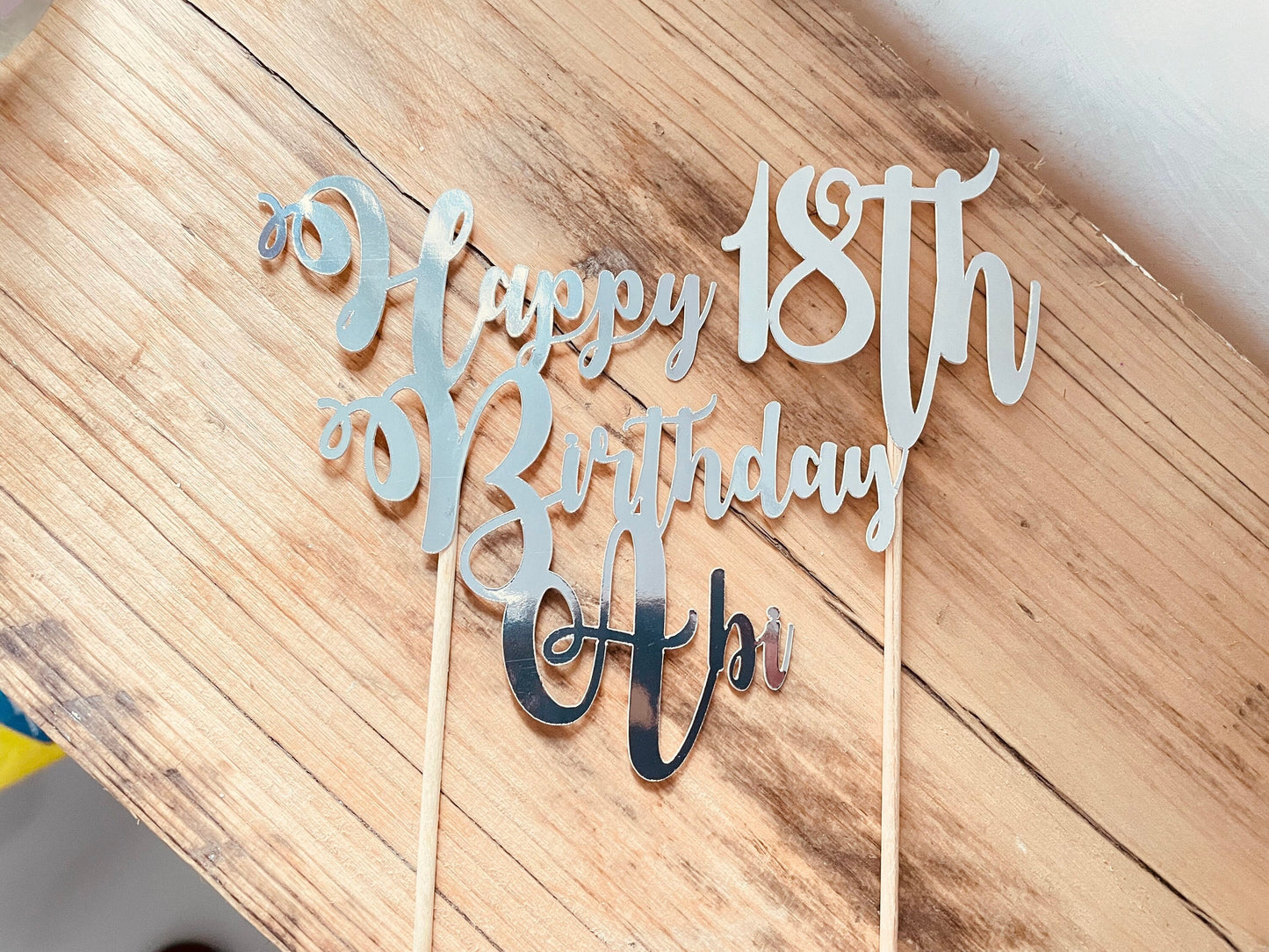 Personalised 18th Birthday Cake Topper, Happy Birthday Silver Calligraphy Script Font Cake Decoration, Large Celebration Cake Decoration