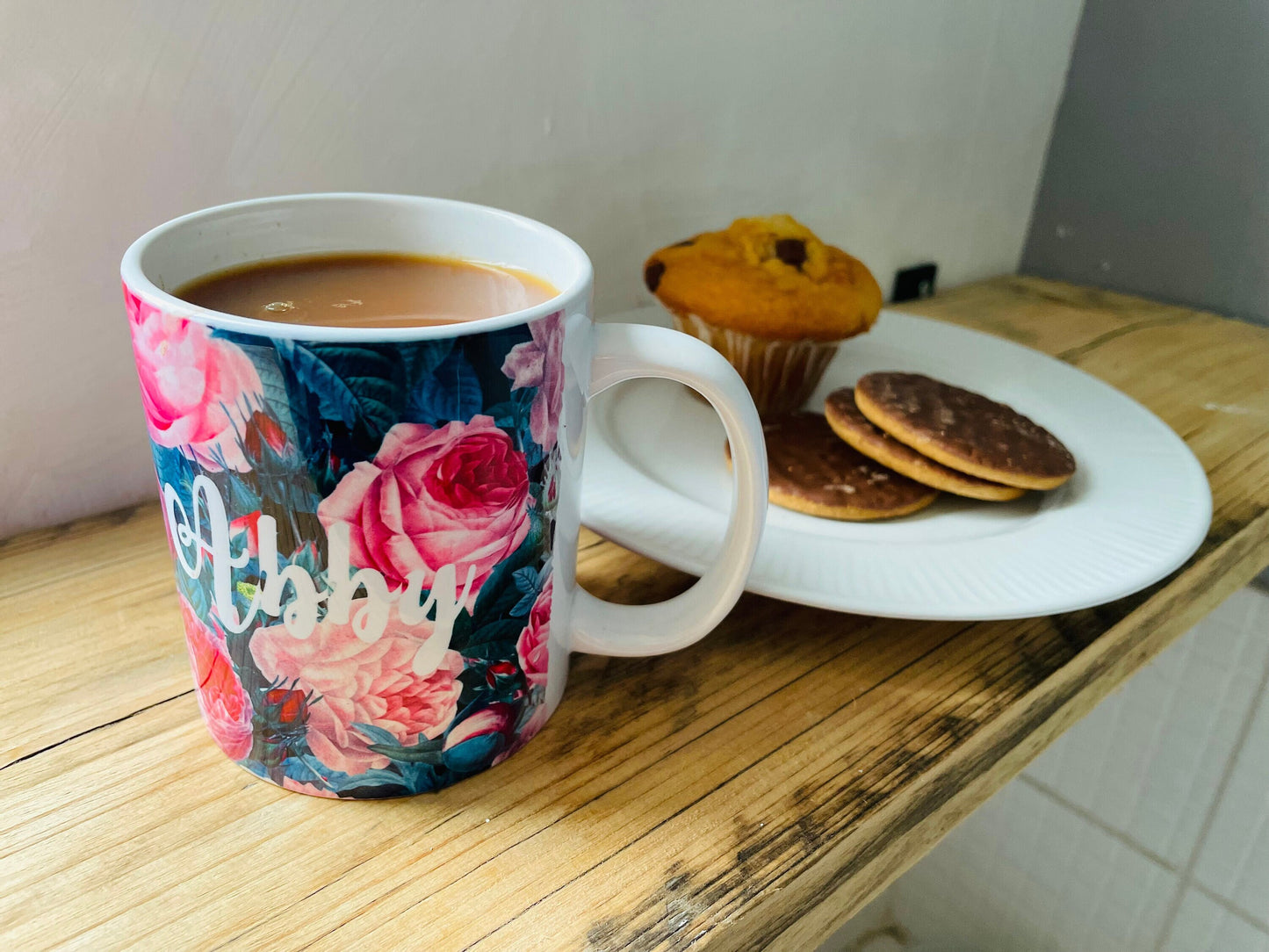 Personalised English Rose Tea or Coffee Mug, Botanical Decor Gift for Coffee Lover, Custom Printed Rose Cup with Name, Dishwasher Safe Mug