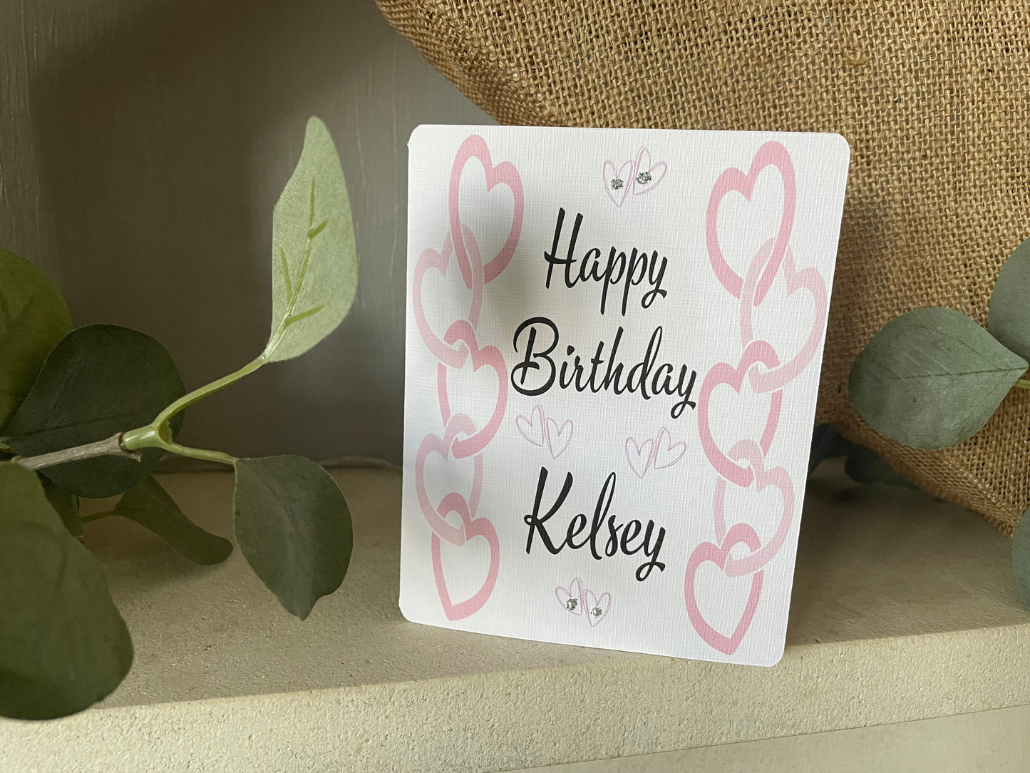 Pink Hearts Personalised Birthday Card with Insert and Hand Applied Glitter, Calligraphy Font Custom Birthday Gift with Handmade Envelope