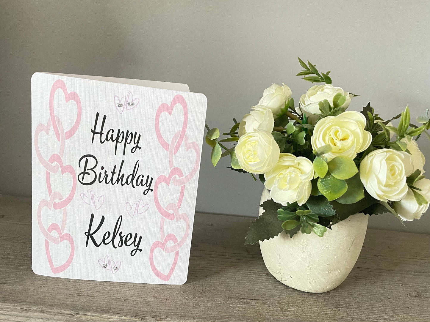 Pink Hearts Personalised Birthday Card with Insert and Hand Applied Glitter, Calligraphy Font Custom Birthday Gift with Handmade Envelope