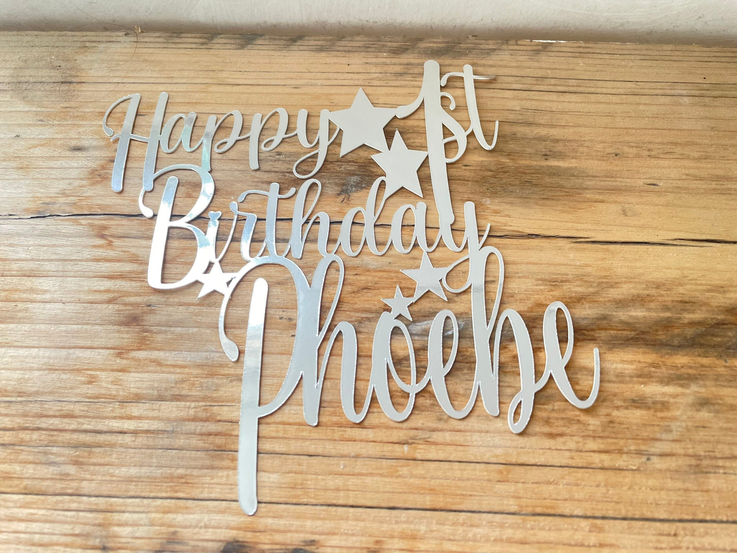 Personalised 1st Birthday Cake Topper, Name and Age Silver Mirror Large Celebration Cake Decor with Stars, First Birthday Party Cake Topper