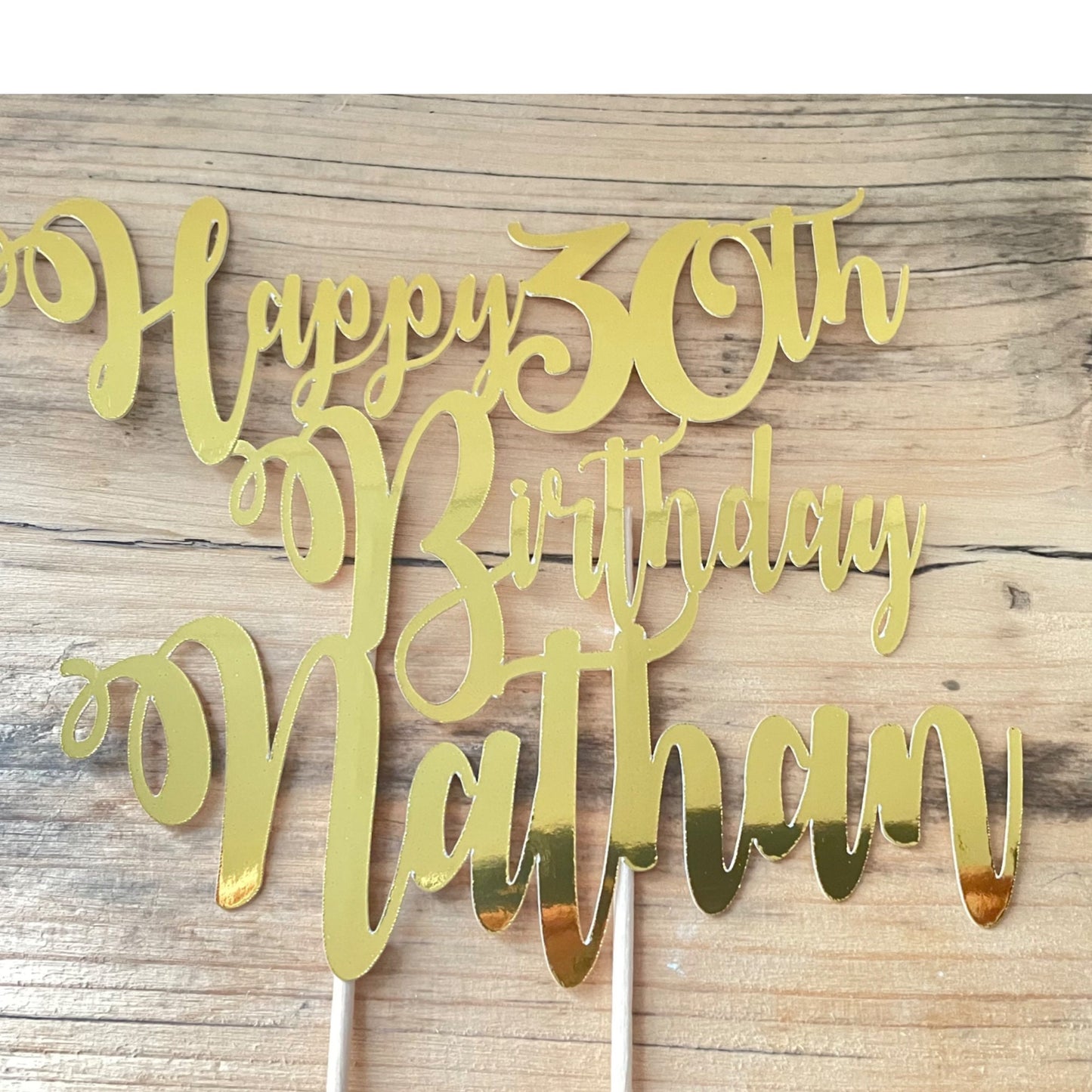 Personalised 30th Gold Birthday Cake Topper, Name and Age Mirror Gold Large Celebration Cake Decor, Thirtieth Birthday Party Cake Topper