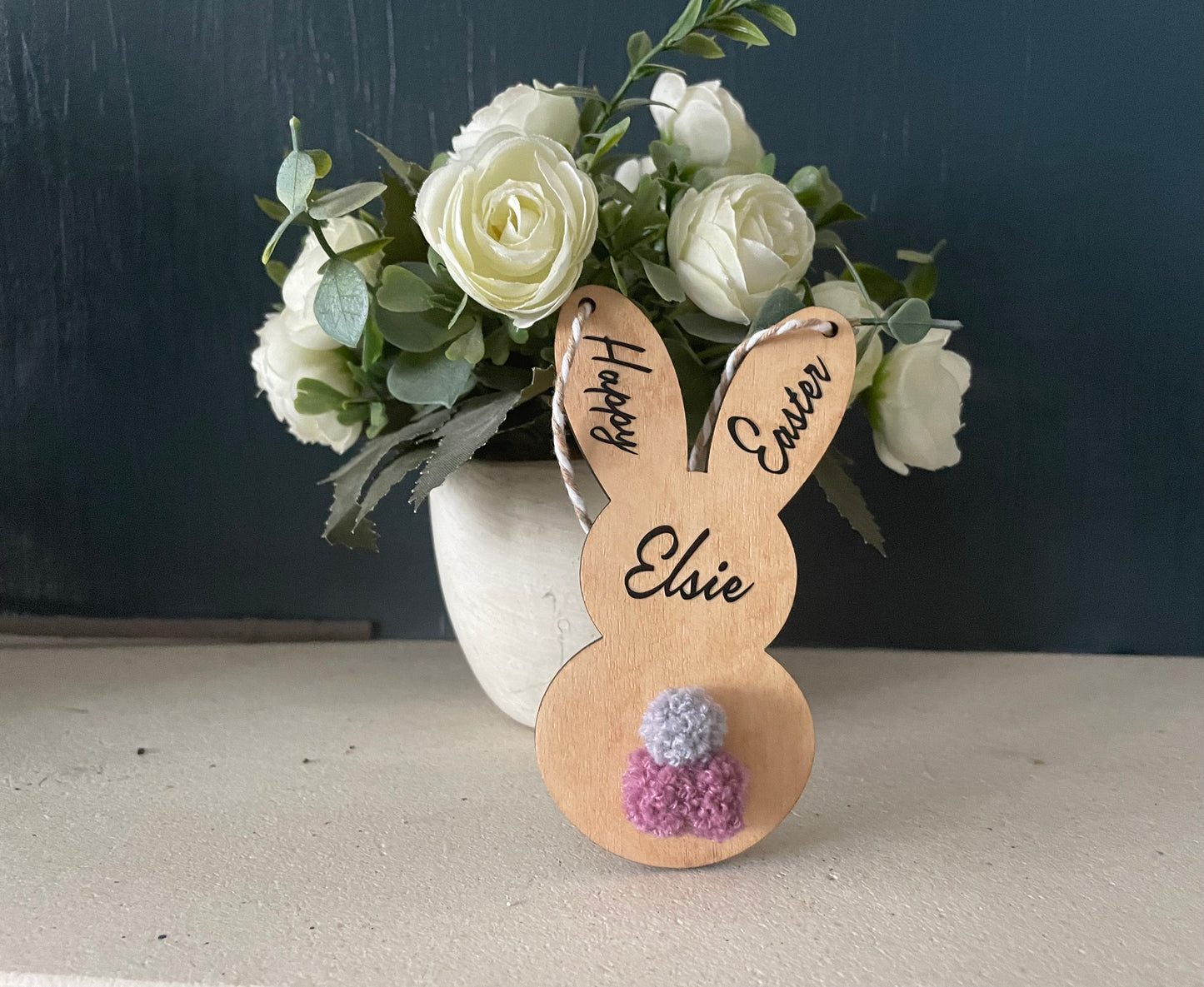 Personalised Wooden Happy Easter Bunny for Kids, Customised Hanging Easter Gift with Coloured Pom-Pom Tail, Custom Woodland Theme Room Decor
