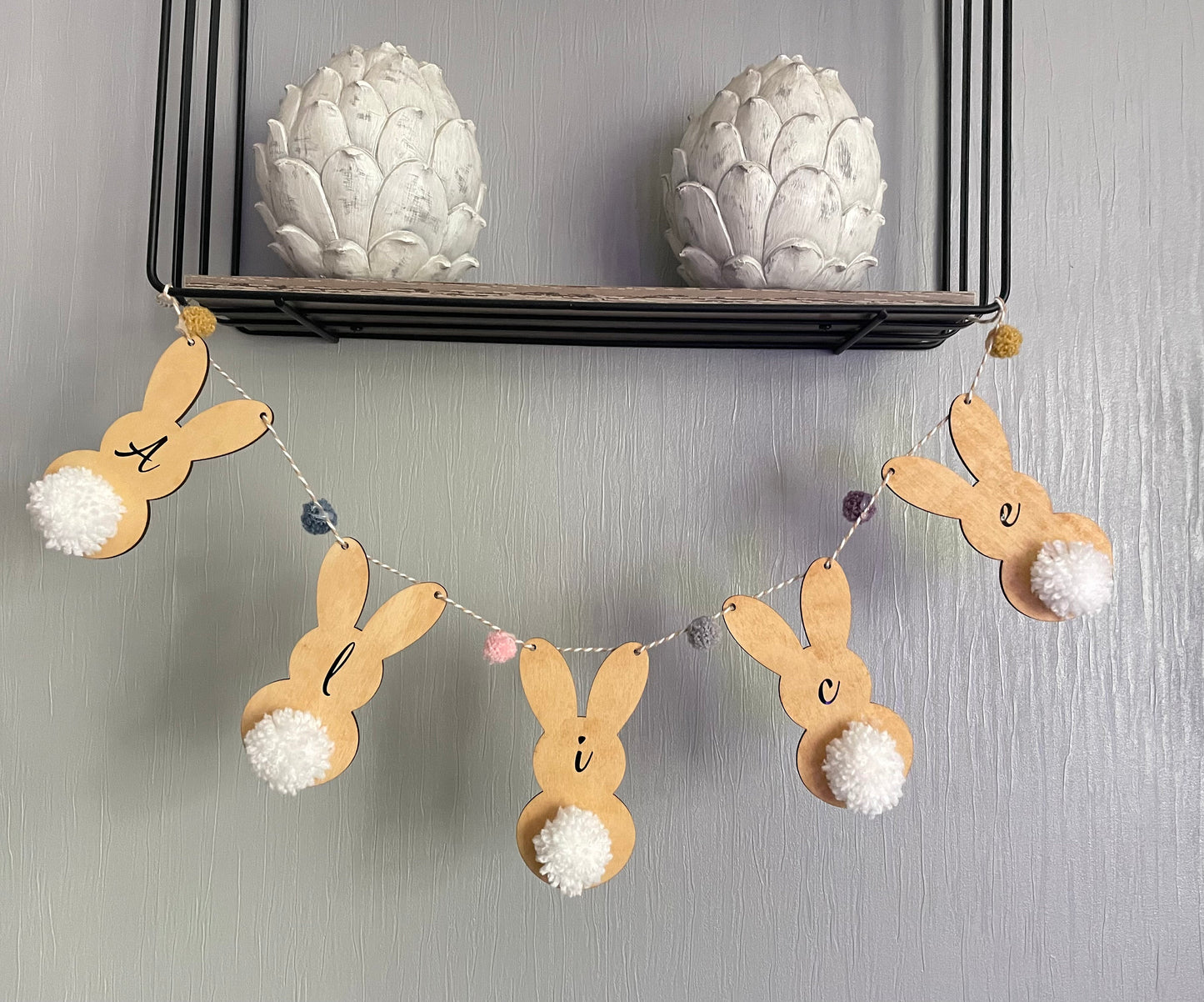 Personalised Wooden Bunny Nursery Bunting, Custom Bedroom Bunny Garland with Handmade Pom-Pom Tails, Animal Theme Bedroom Decor for Kids