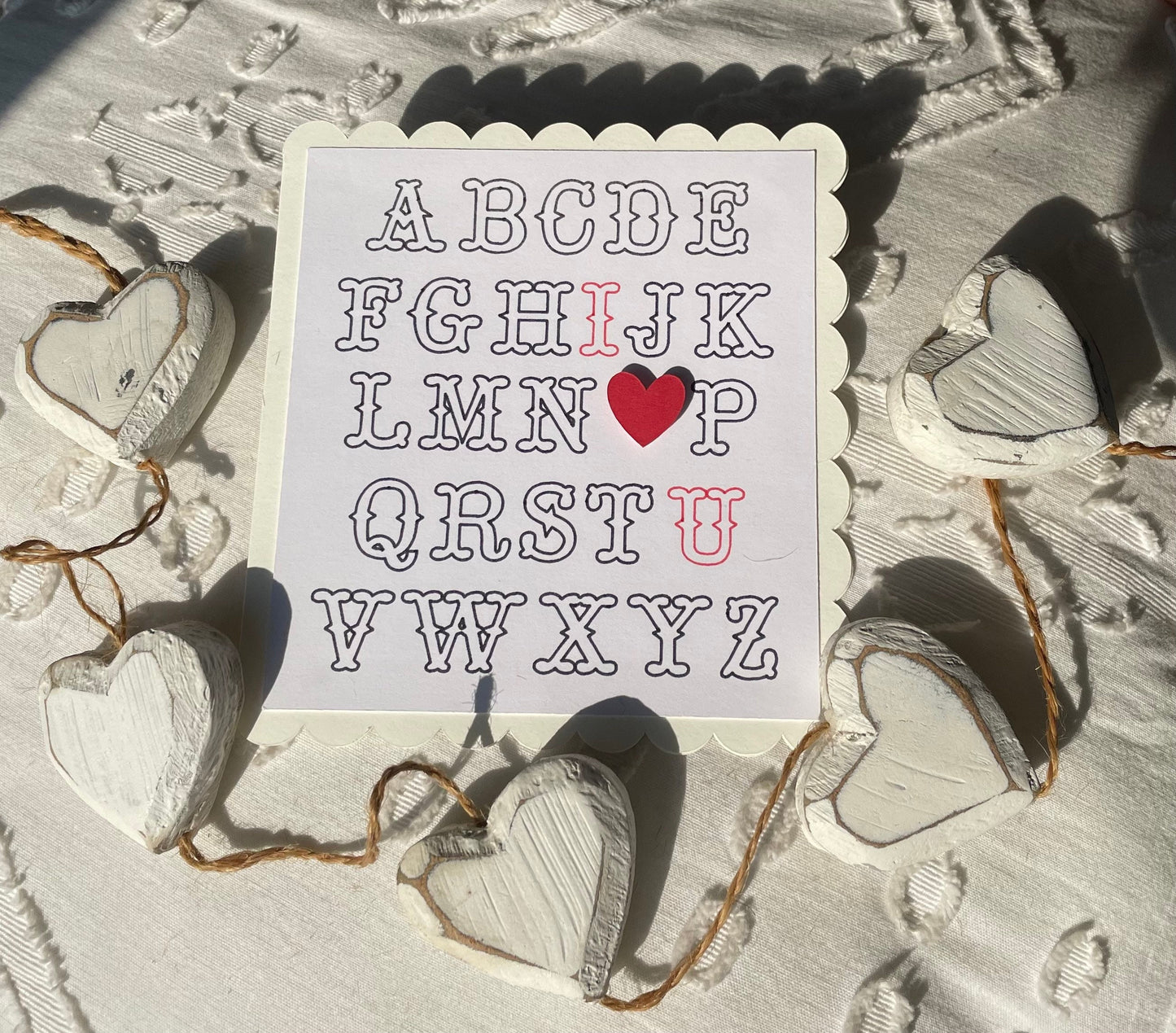 Hidden Message Alphabet Anniversary Card for Wife 3D ABC Love Heart Greetings Card for Boyfriend with Scallop Edge and Handmade Envelope
