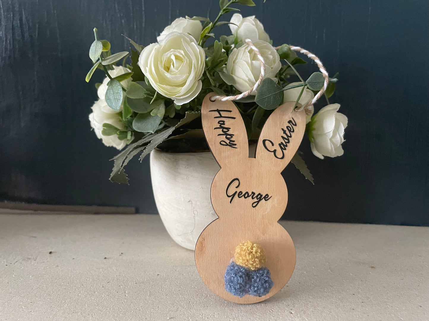 Personalised Wooden Happy Easter Bunny for Kids, Customised Hanging Easter Gift with Coloured Pom-Pom Tail, Custom Woodland Theme Room Decor