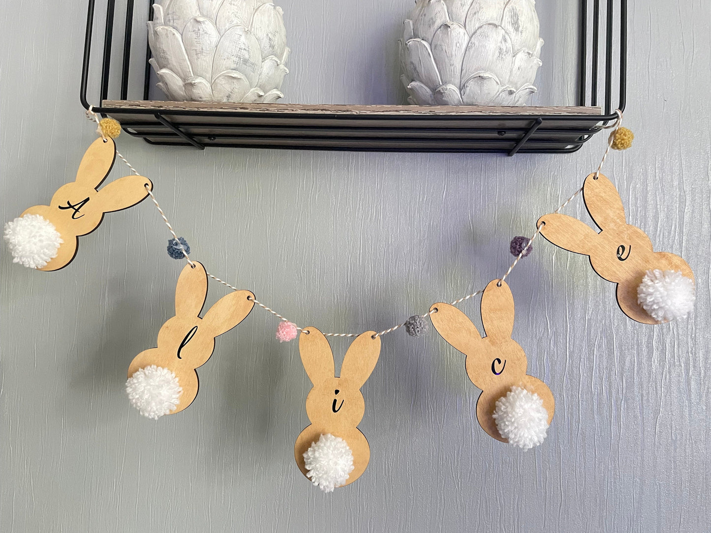 Personalised Wooden Bunny Nursery Bunting, Custom Bedroom Bunny Garland with Handmade Pom-Pom Tails, Animal Theme Bedroom Decor for Kids