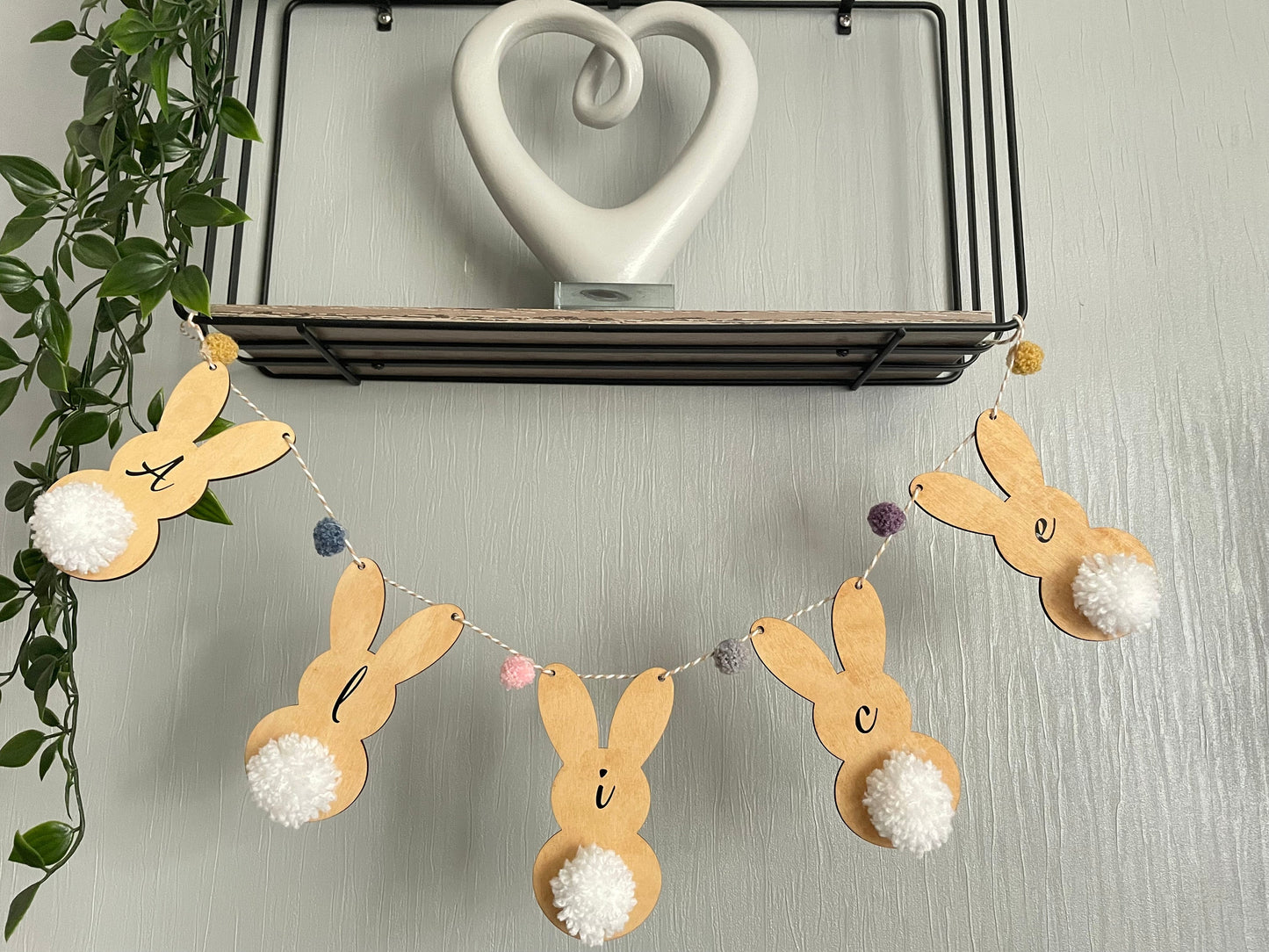 Personalised Wooden Bunny Nursery Bunting, Custom Bedroom Bunny Garland with Handmade Pom-Pom Tails, Animal Theme Bedroom Decor for Kids