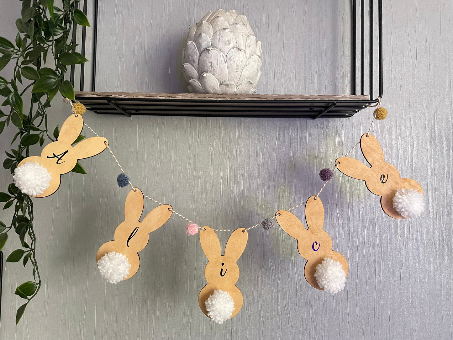 Personalised Wooden Bunny Nursery Bunting, Custom Bedroom Bunny Garland with Handmade Pom-Pom Tails, Animal Theme Bedroom Decor for Kids