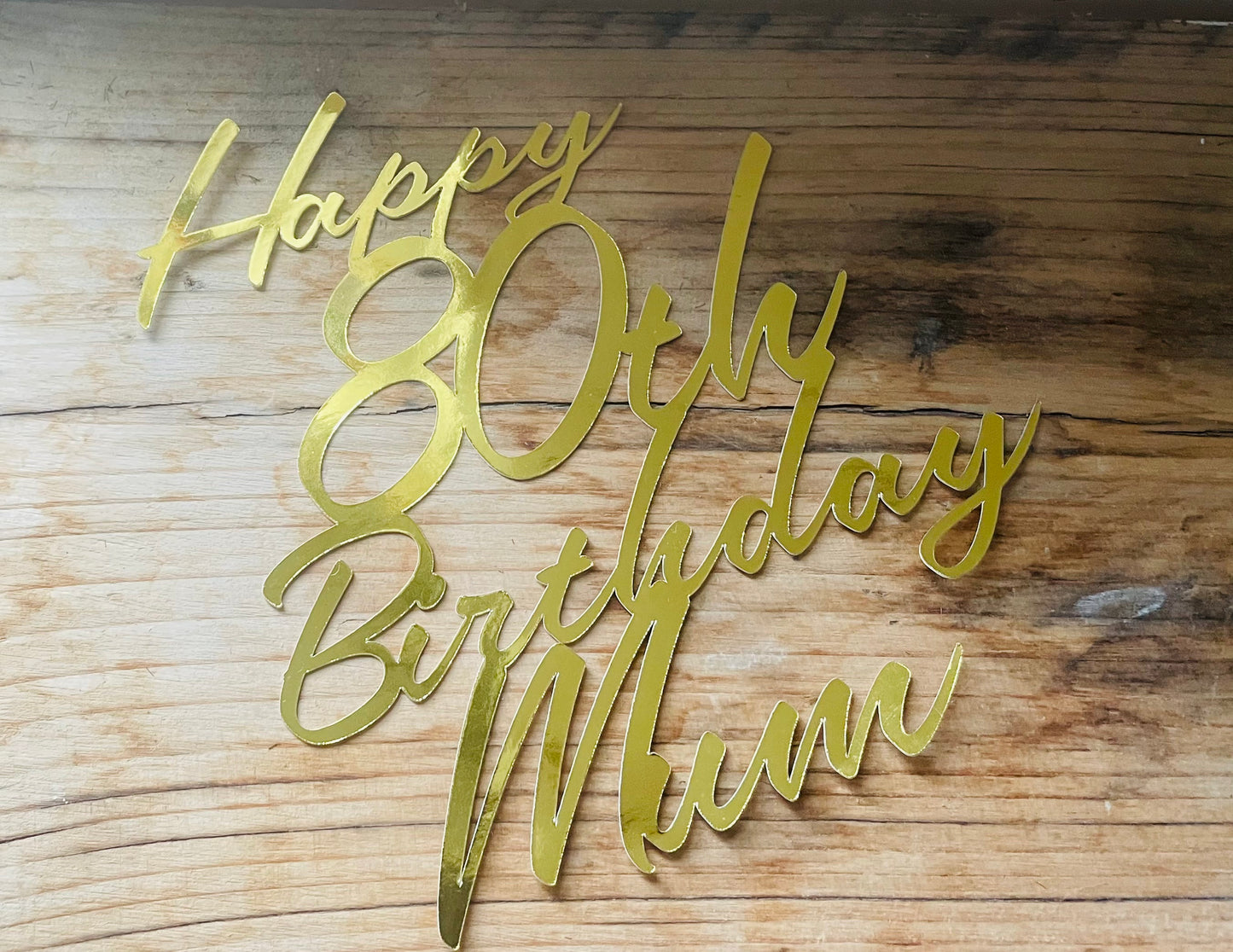 Personalised 80th Birthday Cake Topper, Gold Mum and Age Mirror Gold Large Celebration Cake Decoration, Eightieth Birthday Party Cake Topper
