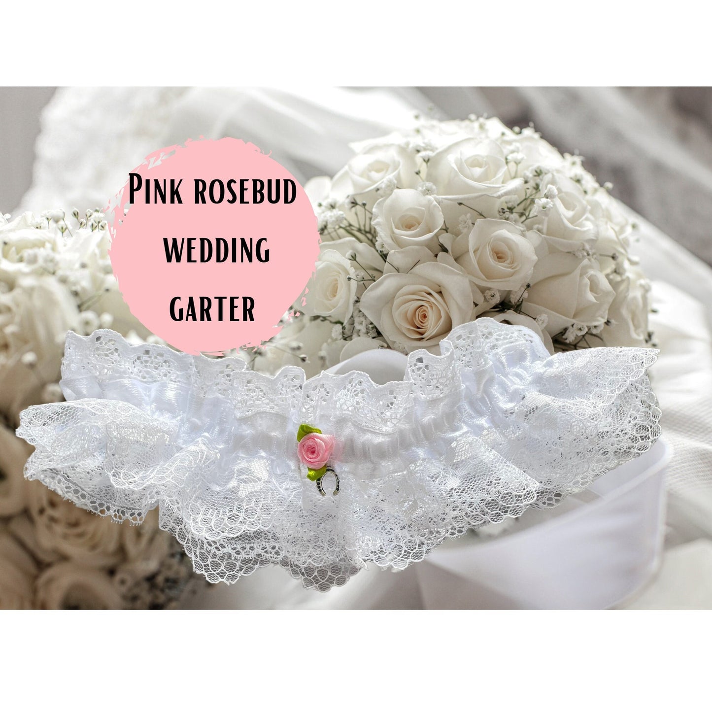 Pink Rosebud Wedding Day Garter Lovecore Blush Pink Floral White Layered Lace Elasticated Wedding Day Gift for Bride Lucky Horseshoe Charm