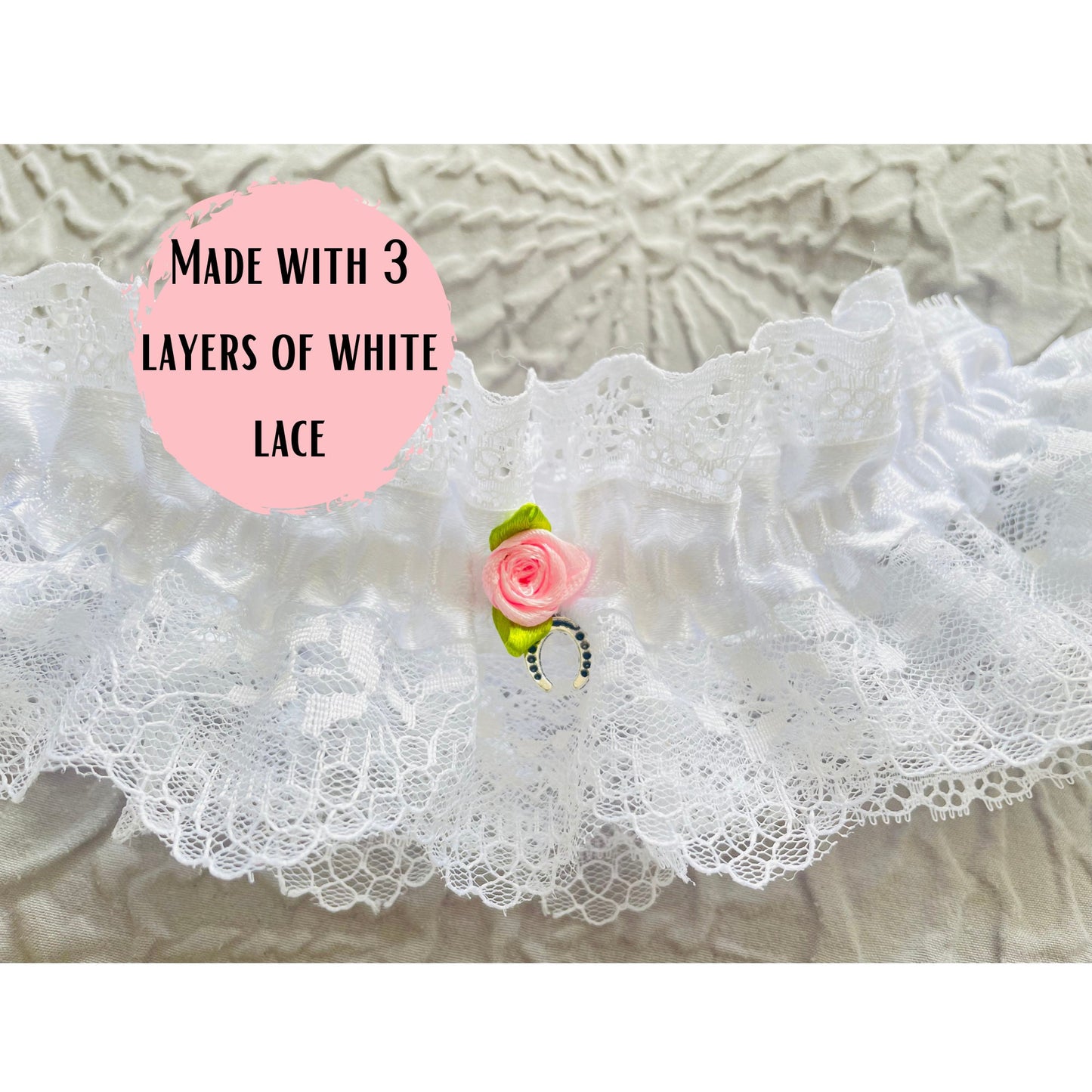 Pink Rosebud Wedding Day Garter Lovecore Blush Pink Floral White Layered Lace Elasticated Wedding Day Gift for Bride Lucky Horseshoe Charm