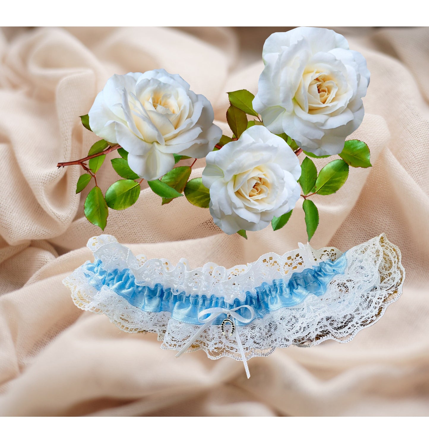 Something Blue Bridal Wedding Garter with Lucky Horseshoe