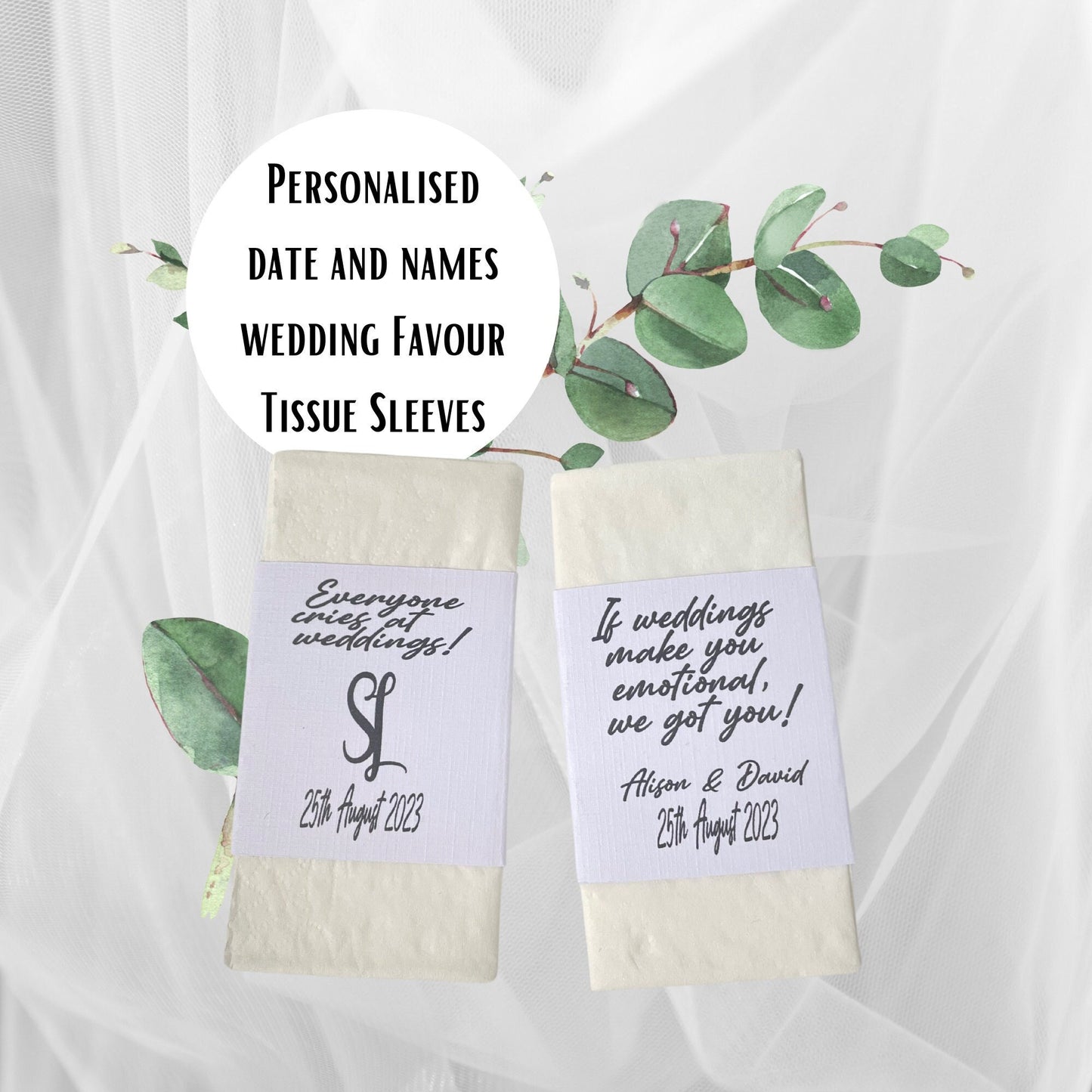 Wedding Guest Tissue for the Big Day, Custom Happy Tears Bulk Bridal Party Favours, White Pocket Tissues with Bride and Groom Names & Dates