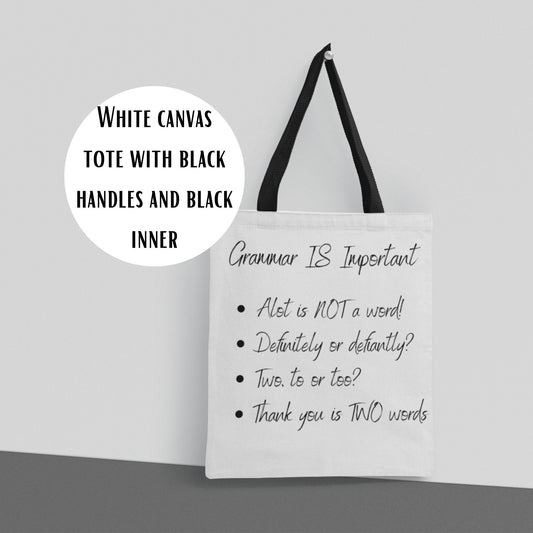 Spelling Nerd Grammar Tote Bag, Black Inner and Black Strap English Language Lover Slogan Polyester Canvas Tote Bag Teacher Bookworm Gift