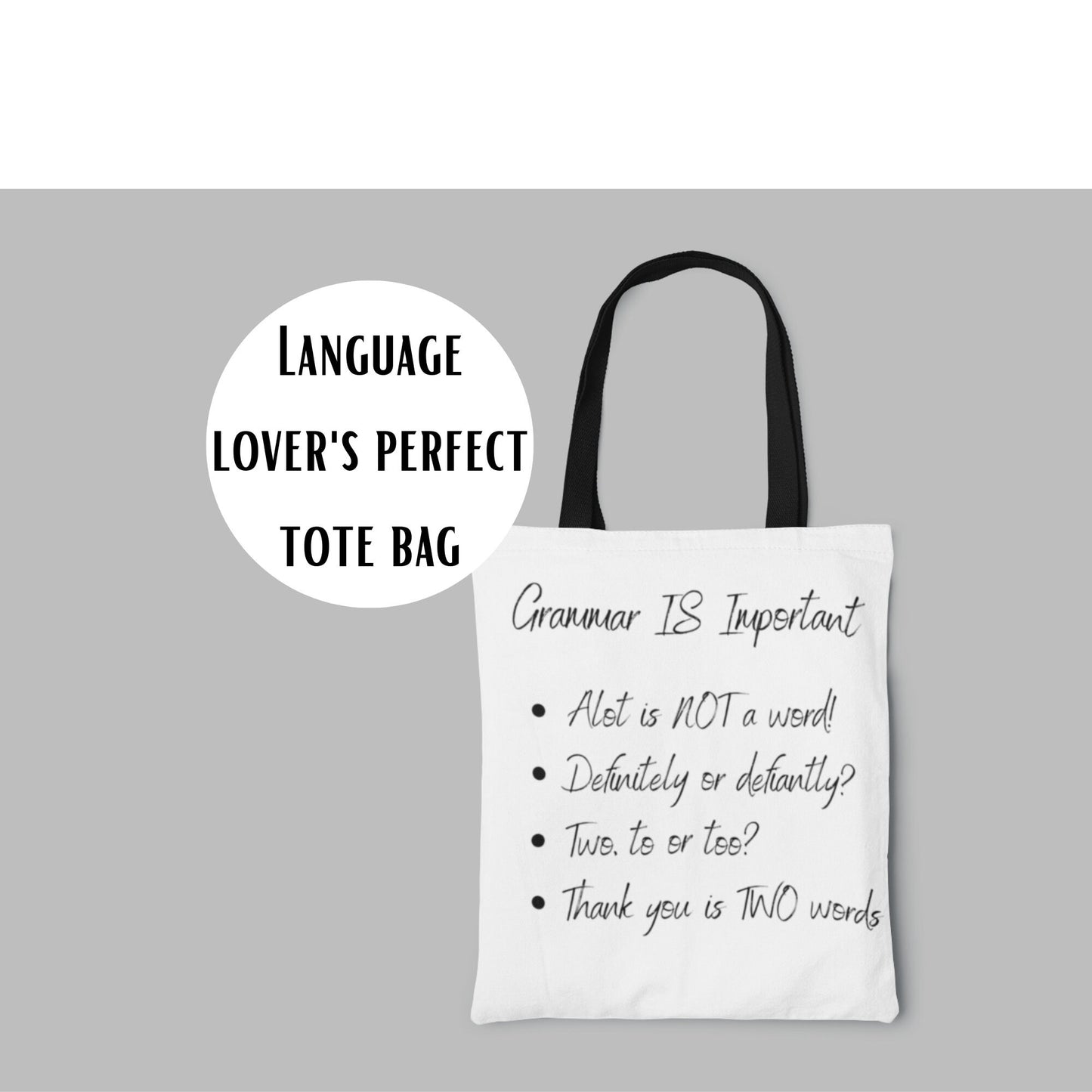 Spelling Nerd Grammar Tote Bag, Black Inner and Black Strap English Language Lover Slogan Polyester Canvas Tote Bag Teacher Bookworm Gift