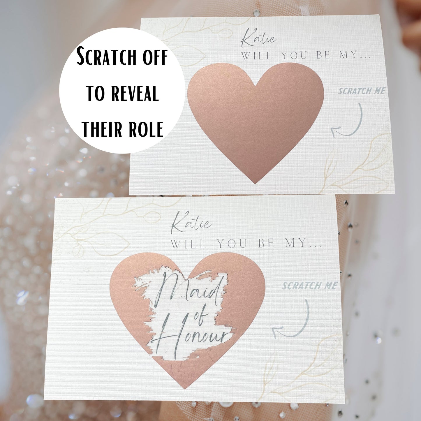 Personalised Heart-Shaped Scratch-Off Bridesmaid Proposal Cards: Nude Colour