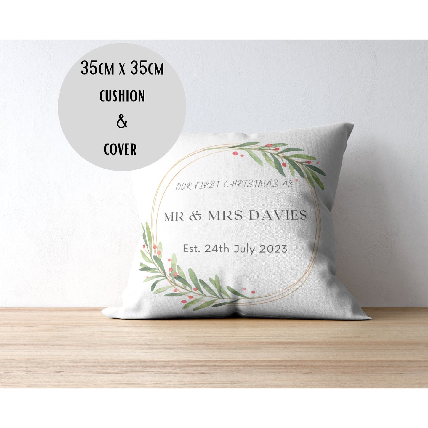 Mr & Mrs First Christmas Cushion, Personalised Christmas Wreath Design Festive Home Decor Wedding Date First Christmas Married Gift