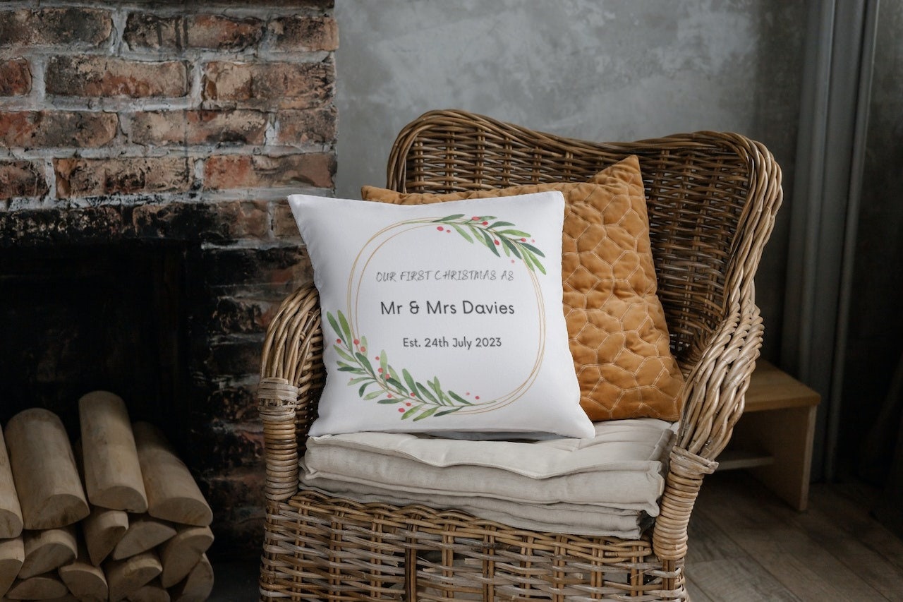 Mr & Mrs First Christmas Cushion, Personalised Christmas Wreath Design Festive Home Decor Wedding Date First Christmas Married Gift