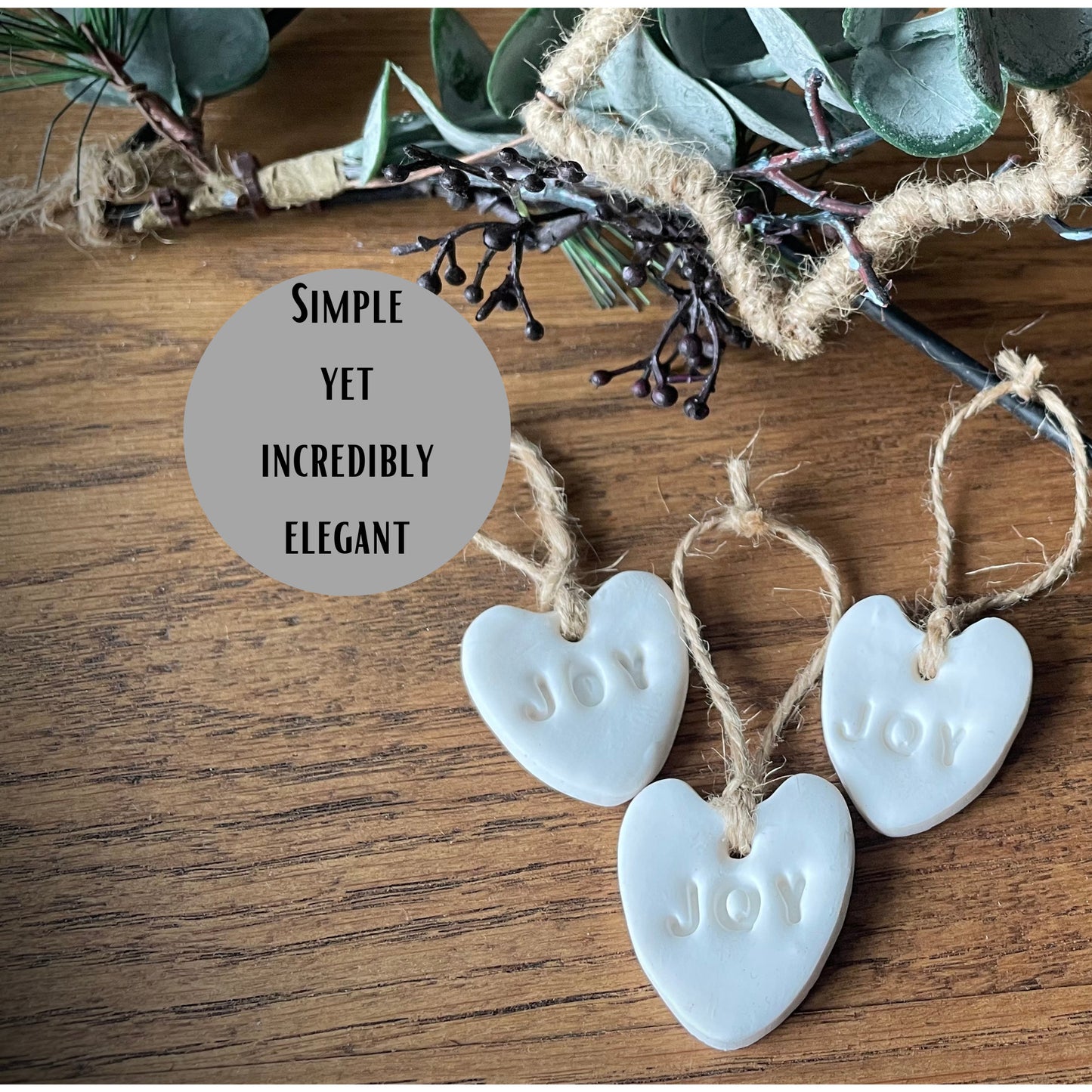 White Ceramic Hanging Clay Hearts, Set of 3 Hand Stamped Joy Mini Christmas Tree Decorations, Scandi Style Present Gift Tags or Napkin Rings